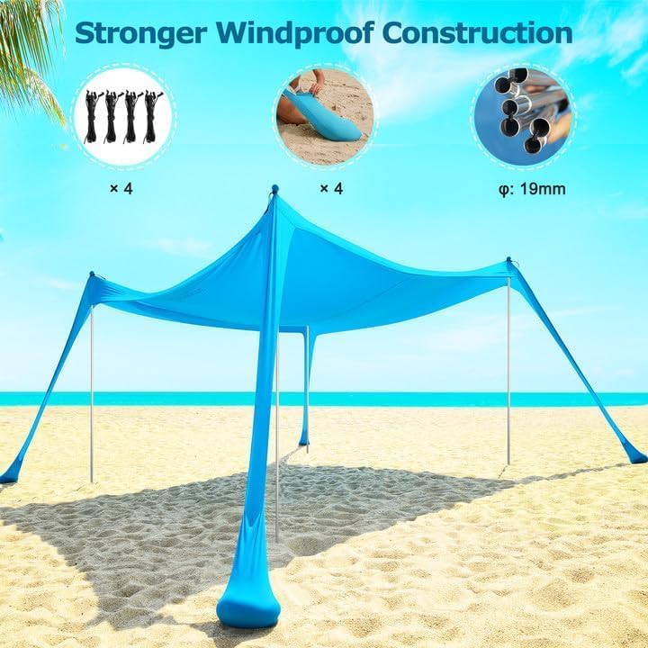 COMMOUDS Beach Tent Beach Tent Portable with 4 Aluminium Poles, 3 x 3 m, UPF50+, Easy to Set Up Family Shelter for Beach, Camping, Fishing, Garden, Outdoors