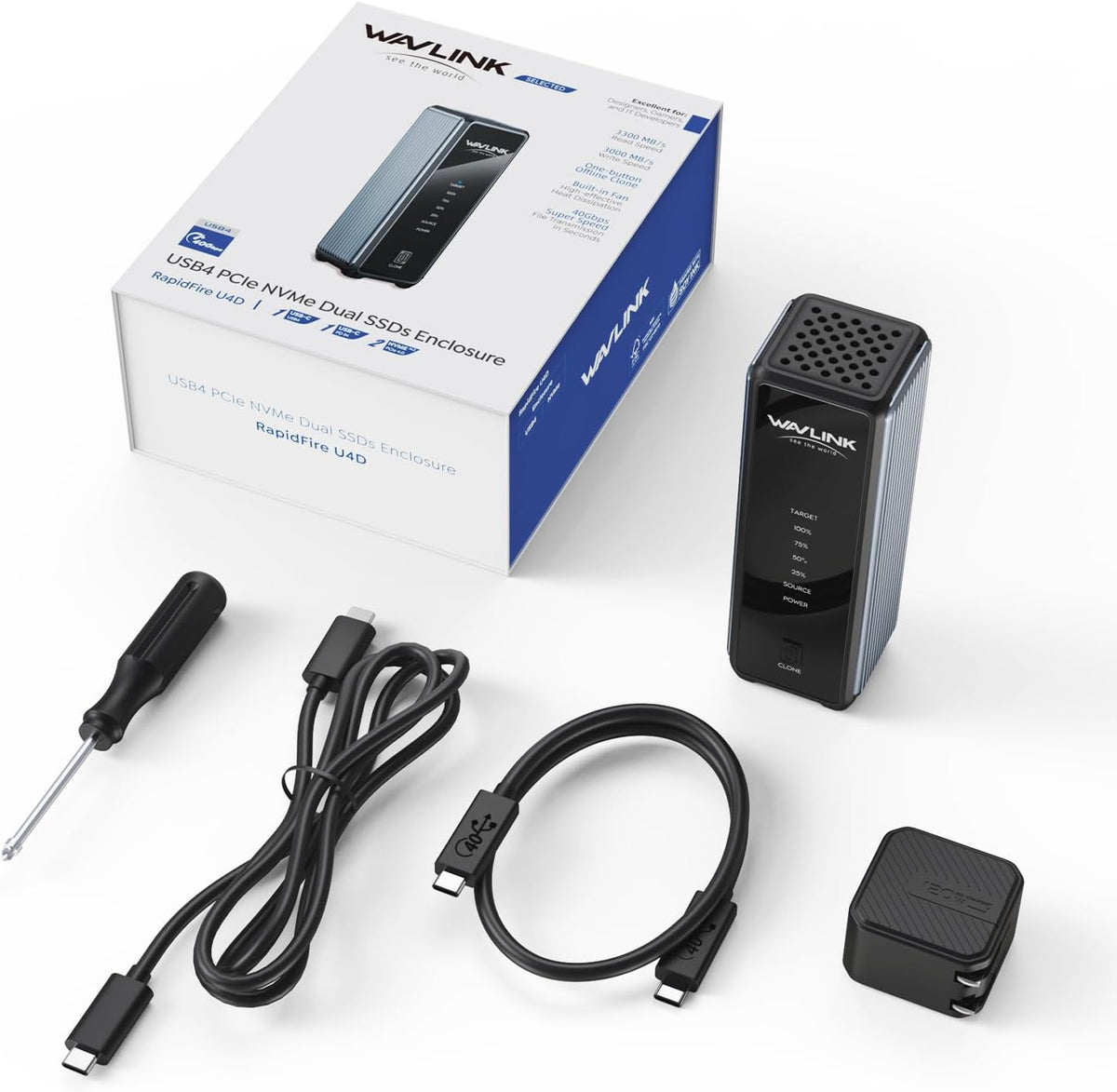 WAVLINK 40Gbps M.2 Dual Bay NVMe Enclosure, NVMe SSD Enclosure met koelventil, compatibel met Thunderbolt5/4/3, USB4/3.2/2.0, UASP & TRIM, Offline Clone, tot 3300MB/s