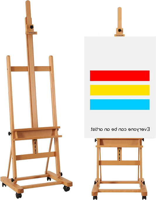 MEEDEN Extra Large Studio H-Frame Easily,Adjustable Tilt Solid Beech Wood Artist Easel,Floor Painting Easel,Accommodates Canvas Art up to 92" tall - QUORE