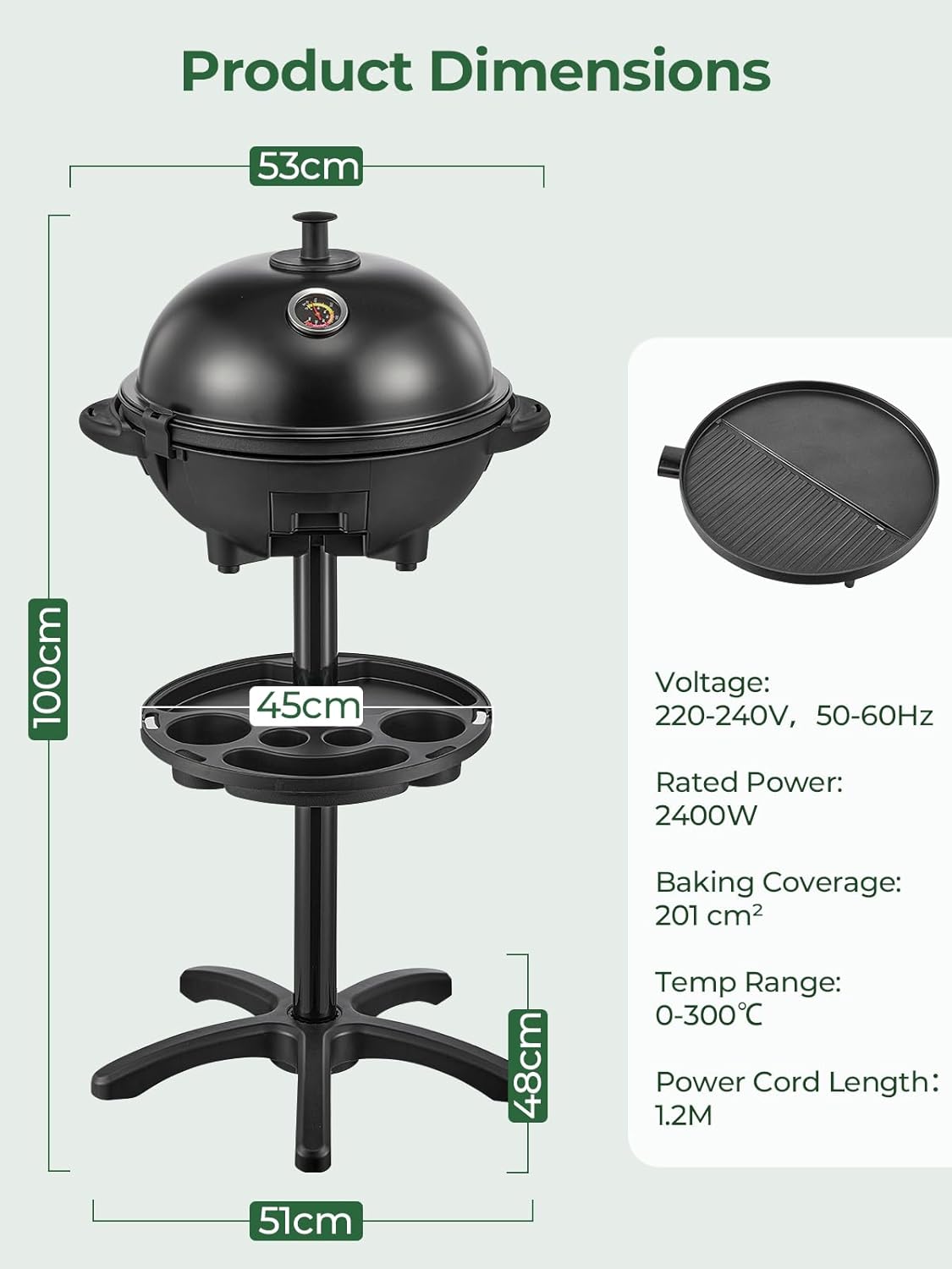 FOHERE Elektrische barbecue, 2-in-1, 2400 W, tafelgrill en voeteneinde, geïntegreerde thermometer, antiaanbaklaag Ø 41 cm, vetschaal, zwart