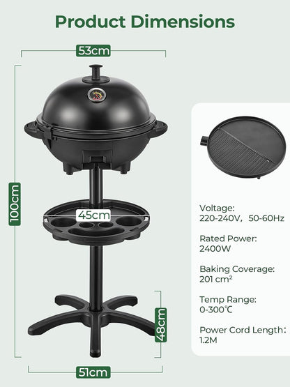 FOHERE Elektrische barbecue, 2-in-1, 2400 W, tafelgrill en voeteneinde, geïntegreerde thermometer, antiaanbaklaag Ø 41 cm, vetschaal, zwart