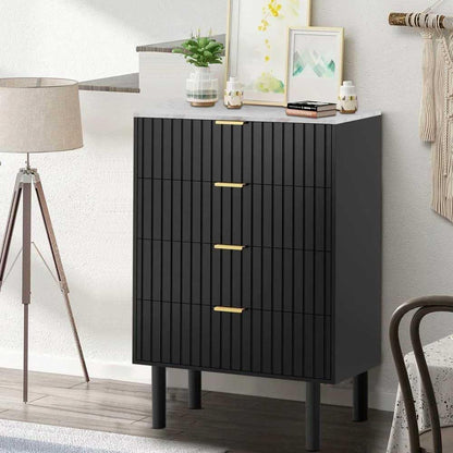 Ladekast – Dressoir – Opbergkast – Commode – Ladekast met 4 Laden – Scandinavisch Design – Kleurig Marmeren Blad – 60x34x93 cm – Zwart Hout en IJzer