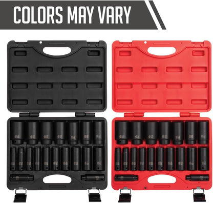 Sunex 2641, 1/2 Inch Drive Deep Impact Socket Set, 19-delig, SAE, 3/8" - 1-1/2", Cr-Mo Legering Staal, Radius Corner Design, Dual Size Markeringen, Heavy Duty Storage Case