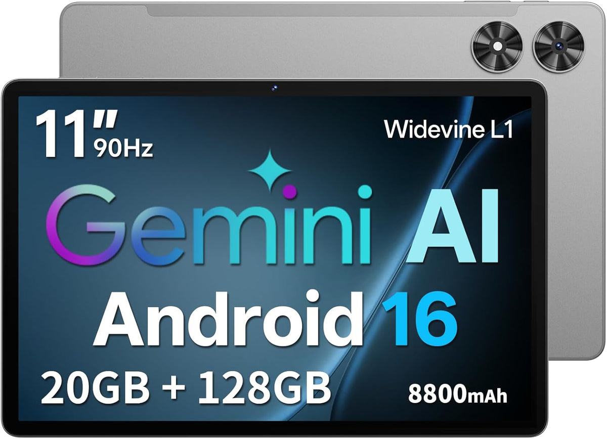 Tablet 11 inch met hoesje, Android 16-systeem met Gemini AI, 20 GB RAM + 128 GB ROM (uitbreidbaar tot 1 TB), 90 Hz-scherm, Unisoc T7250 Octa Core, 13 MP + 8 MP camera, Face ID, Widevine L1, 8800 mAh