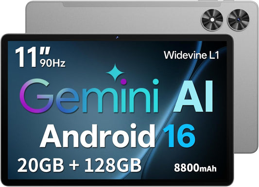 Tablet 11 inch met hoesje, Android 16-systeem met Gemini AI, 20 GB RAM + 128 GB ROM (uitbreidbaar tot 1 TB), 90 Hz-scherm, Unisoc T7250 Octa Core, 13 MP + 8 MP camera, Face ID, Widevine L1, 8800 mAh