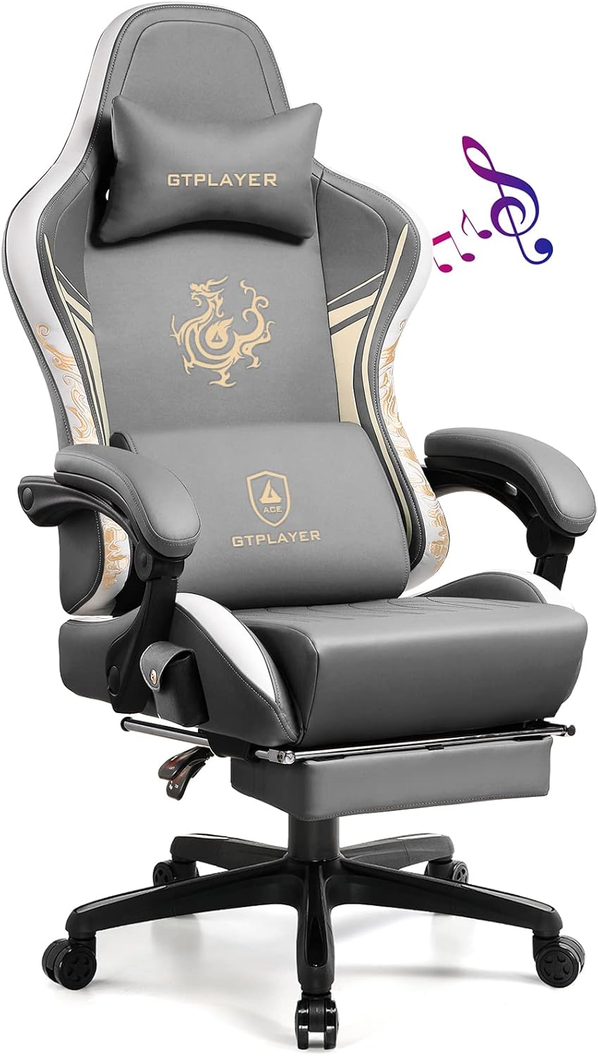 Gamingstoel – Bureaustoel – Gamestoel – Computerstoel – Stoel Grijs – Bluetooth Surround Speakers – Ergonomisch Met Voetsteun