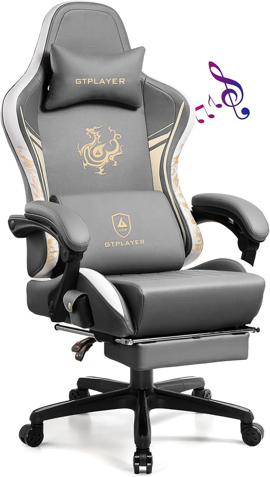 Gamingstoel – Bureaustoel – Gamestoel – Computerstoel – Stoel Grijs – Bluetooth Surround Speakers – Ergonomisch Met Voetsteun