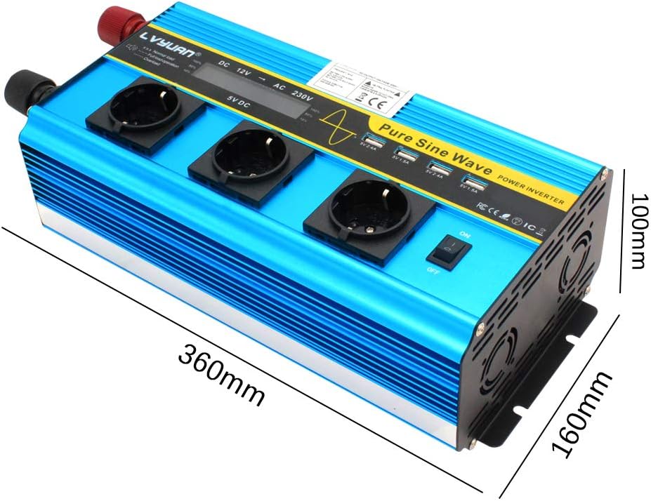 Pure Sine Wave Inverter Power Inverter 2500W / 5000W DC 12V naar AC 230V / 240V converter met LCD-display 3 EU-uitgangen & 4 USB-poortinverter voor auto Caravan RV kampeerboot