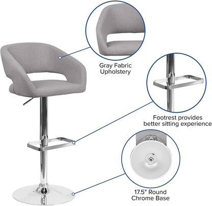 Flash Furniture Barkruk, modern, grijze stof, in hoogte verstelbaar, met afgeronde middelhoge rugleuning en chromen basis, 107 x 53 x 52 cm