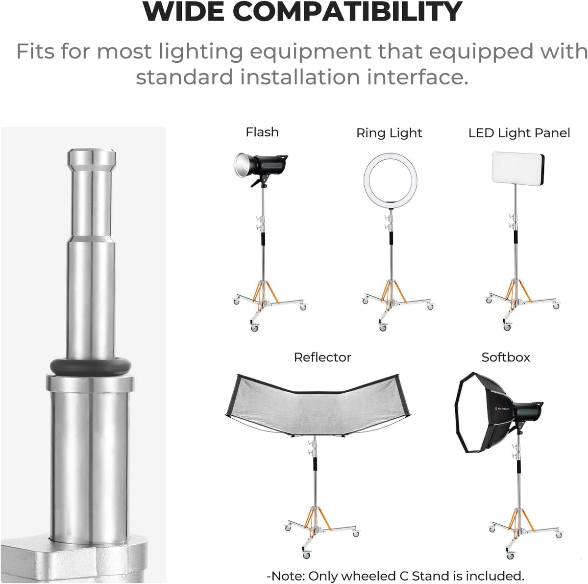 Lichtstatief met wieltjes – Lampstatief – C-statief – C-standaard – Fotografie-galgenstatief – Roestvrij staal – 30 kg draagvermogen, 130-330 cm verstelbaar