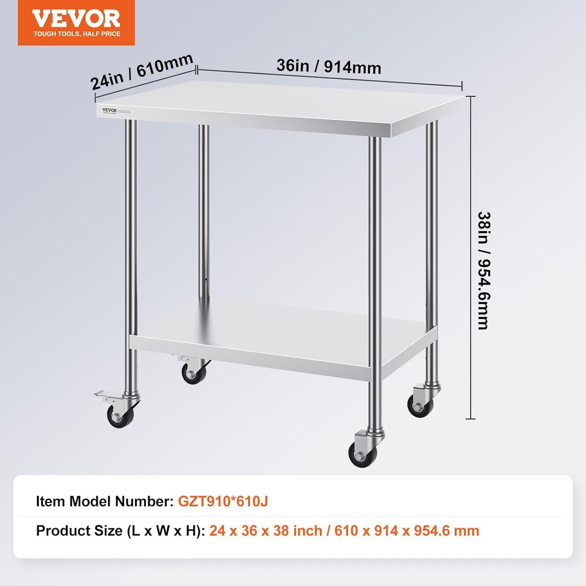 VEVOR Roestvrijstalen werktafel 61 x 90 x 90 cm, met 4 wielen, 3 verstelbare hoogteniveaus, zware werktafel voor voedselvoorbereiding voor commercieel keukenrestaurant, zilver