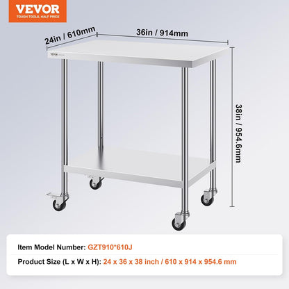 VEVOR Roestvrijstalen werktafel 61 x 90 x 90 cm, met 4 wielen, 3 verstelbare hoogteniveaus, zware werktafel voor voedselvoorbereiding voor commercieel keukenrestaurant, zilver