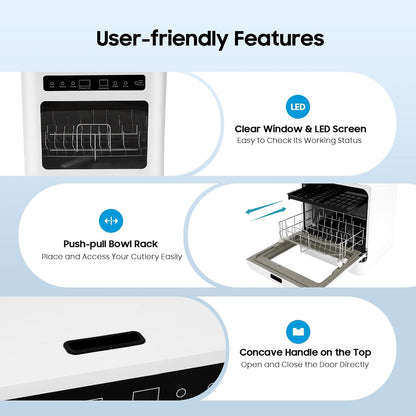 Table Dishwasher, Mini Dishwasher, 800 W, Freestanding Table Dishwasher, 4 Programs, Capacity 6-8 Plates or Bowls, for Homes, Dorms
