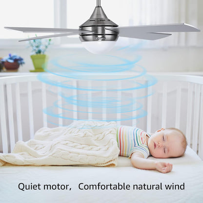 Ovlaim 122cm Moderne plafondventilator met LED-verlichting (3 kleuren) en afstandsbediening (6 snelheden), energiezuinige DC-motor superstil, geschikt voor zomer & winter (ventilatie-effect) - Zilver