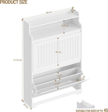 Hzuaneri Shoe Cabinet, SR66103X Shoe Rack, Narrow Shoe Rack, Adjustable Shoe Storage for Entrance Hallway, Living Room, 16 Pairs, 2 Flaps (80B cm), White
