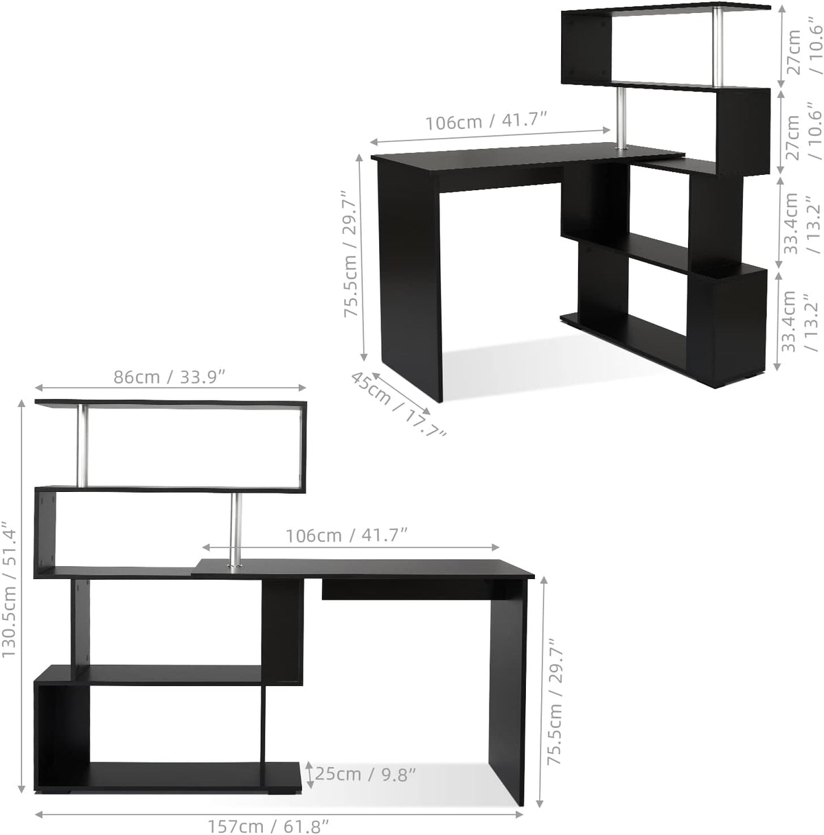 Meerveil Computertafel, L-vormig, hoekbureau, met 360 graden draaibare boekenkast voor werkkamer, woonkamer, kantoor, 157 x 45 x 130,5 cm, zwart