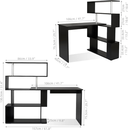 Meerveil Computertafel, L-vormig, hoekbureau, met 360 graden draaibare boekenkast voor werkkamer, woonkamer, kantoor, 157 x 45 x 130,5 cm, zwart
