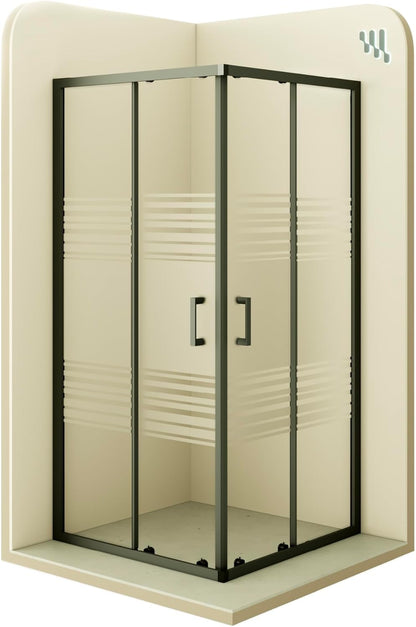 Douchecabine – Douchewand – Douchecabine Hoek – Douchecabine Schuifdeur – Veiligheidsglas – 90x90 cm – 6 mm ESG Veiligheidsglas – Zwarte Profielen – Partieel Gesatineerd – Hoogte 190 cm