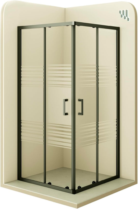 Douchecabine – Douchewand – Douchecabine Hoek – Douchecabine Schuifdeur – Veiligheidsglas – 90x90 cm – 6 mm ESG Veiligheidsglas – Zwarte Profielen – Partieel Gesatineerd – Hoogte 190 cm