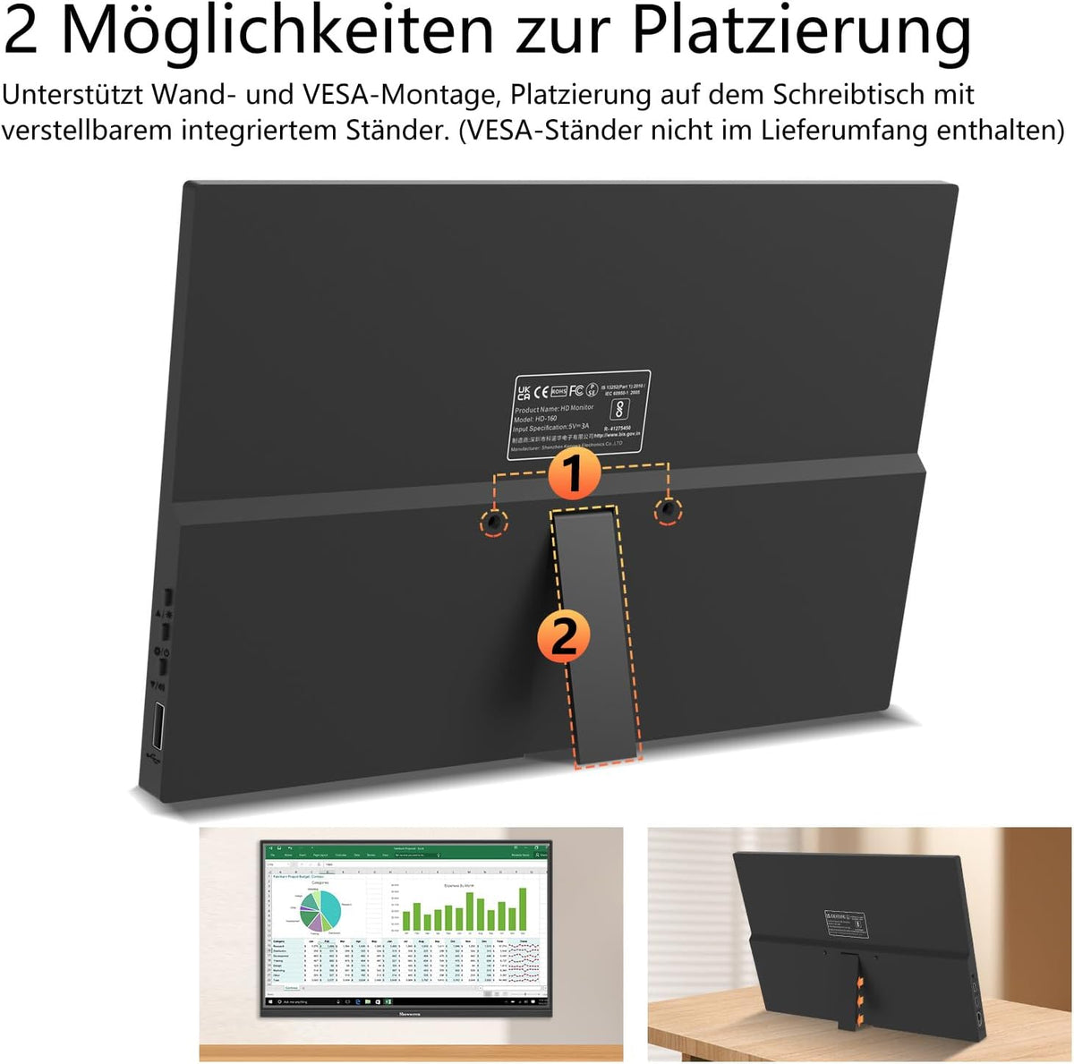 16 Inch Portable Monitor, Full HD Display, 1920 x 1200p, 300cd/Brightness, IPS 60Hz LCD Panel, 100% RGB, Built-in Speaker, Portable HDMI USB C Monitor for PC, Laptop - QUORE