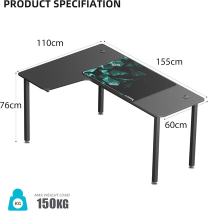 Eureka Ergonomisch L-vormig gaming-bureau, 155 x 110 cm hoekbureau. Grote pc-gaming-tafel met kabelbeheersysteem en muismat voor thuiskantoor. Zwart, links