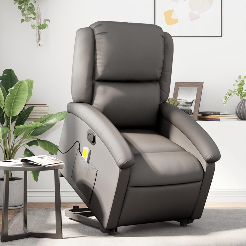 Massagestoel – Verstelbare Fauteuil – Sta-Op Stoel – Relaxstoel – Eenpersoonsstoel – Echt Leer – Elektrische Heffunctie – 6 Vibratie-Massagepunten