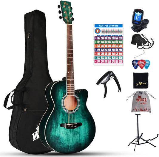 Winzz 40 Inches Akoestische Staalsnarige Gitaar Beginner, Elegant Uniek Kleurenontwerp (Blauw-groen)