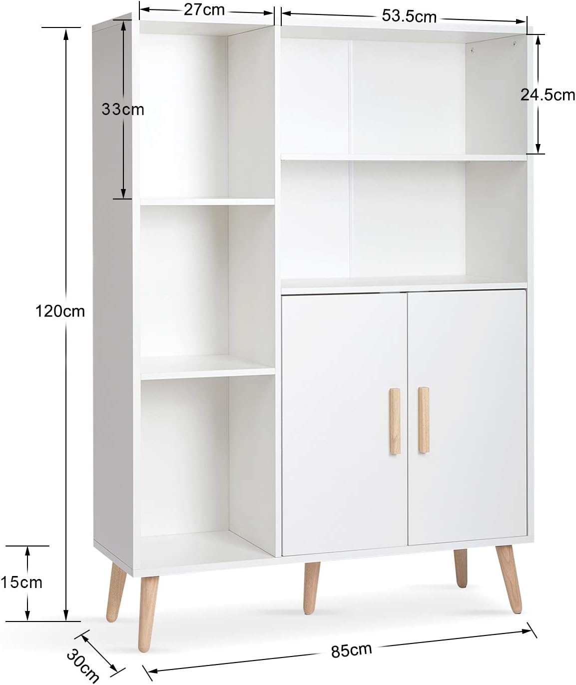 Meerveil Sideboard, commode met 2 deuren en 5 vakken, verstelbare plank, hout, voor woonkamer, slaapkamer, keuken, 85 x 30 x 120 cm, wit