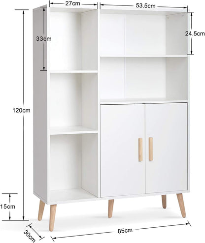 Meerveil Sideboard, commode met 2 deuren en 5 vakken, verstelbare plank, hout, voor woonkamer, slaapkamer, keuken, 85 x 30 x 120 cm, wit