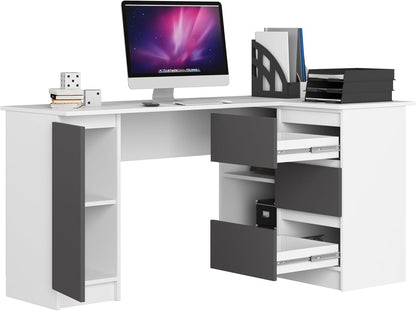 AKORD B-20 Corner Desk with 3 Drawers, 2 Shelves and a Door for Home and Office, 155 x 77 x 85 cm, 60 kg, White and Graphite Grey for - QUORE