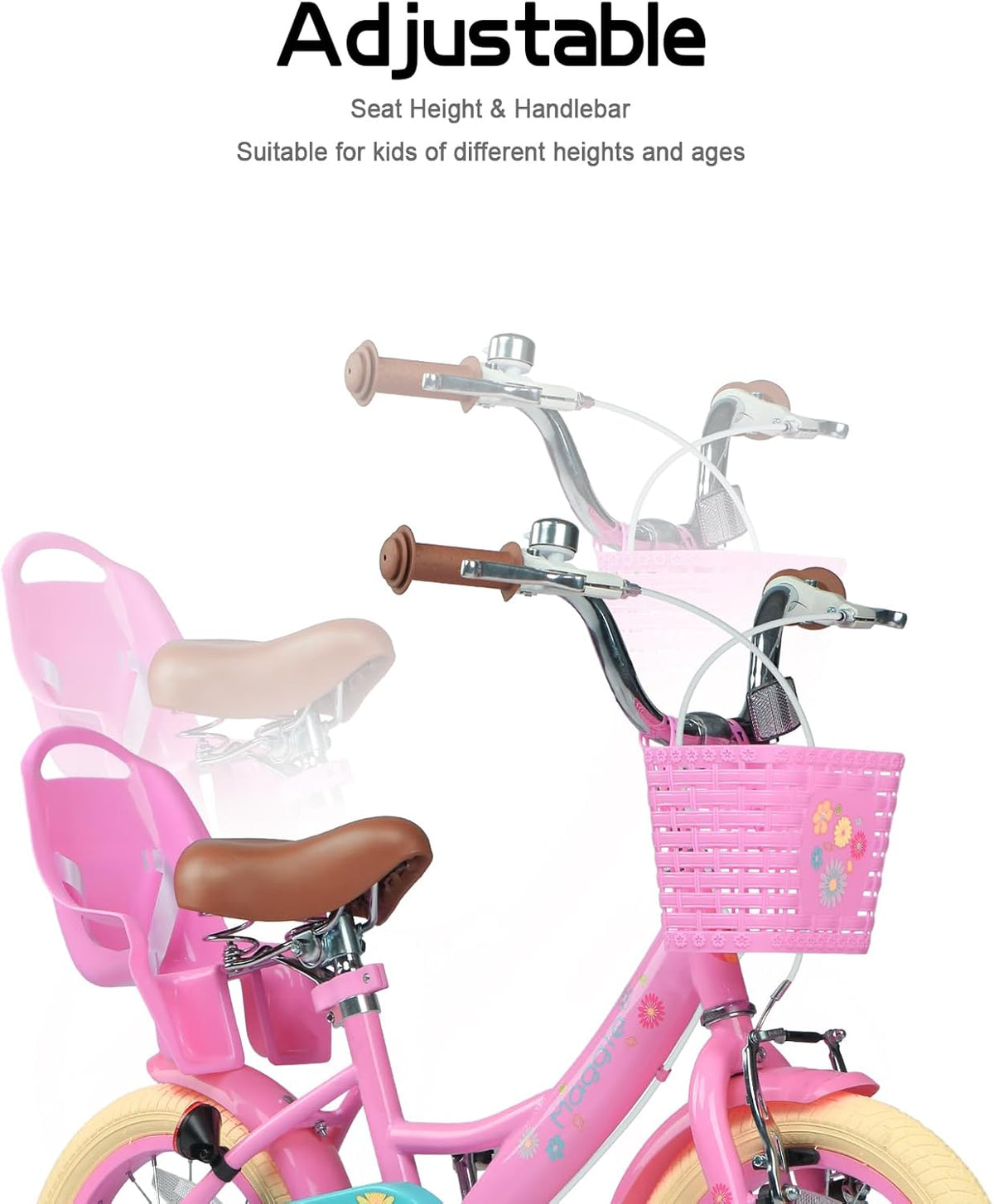 Glerc Maggie Meisjesfiets, 12-20“, kinderfiets voor 2-13 jaar oude kinderen, prinsessenstijl, kinderfiets met poppenzitje & mand en trainingswielen, meerdere kleuren