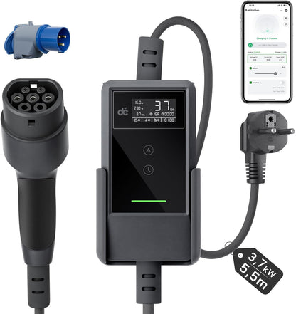 dé EV Charger Type 2 met APP 3,7kW [5,5m, 1-Fase, 6-16A] EV Laadkabel Type 2 en WIFI, Thuislader Auto met Digitaal Display, EV Oplader voor Model Y/3, ID.3/4, EX30, Enyaq en andere EV/PHEV, Zwart