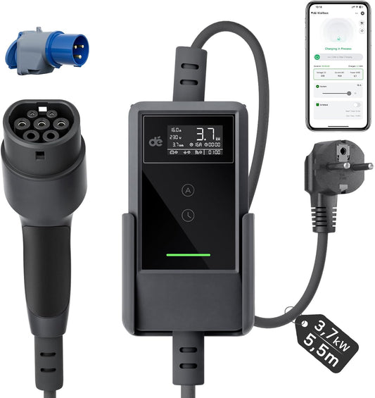 dé EV Charger Type 2 met APP 3,7kW [5,5m, 1-Fase, 6-16A] EV Laadkabel Type 2 en WIFI, Thuislader Auto met Digitaal Display, EV Oplader voor Model Y/3, ID.3/4, EX30, Enyaq en andere EV/PHEV, Zwart