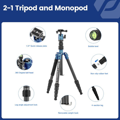 Fotopro 62 inch koolstofvezel reisstatief, compact camerastatief met kogelkop, afneembare monopod met Arca-Swiss snelkoppelingsplaat en tas, belastbaar tot 8 kg/17,63 lbs, blauw