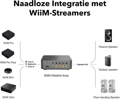 WiiM Vibelink Amp | 100W versterker met premium ESS 9039Q2M DAC en TI TPA3255 | Compatibel met WiiM Mini, Pro, Pro Plus en Ultra | RCA-, coaxiale en optische ingangen | Space Gray