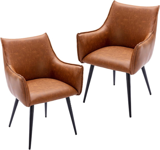 chairus Set of 2 Living Room Armchairs PU Leather Modern Occasional Tub Chair Upholstered Accent Chair with Metal Legs (Brown-2) - QUORE