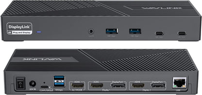 WAVLINK 15-in-1 DisplayLink Docking Station USB-C, Triple 4K monitoren (3X HDMI + 2x DP), 100W PD, 10 Gbit/s, Gigabit LAN, Audio/Mic, voor Windows & Mac (incl. M1/M2)