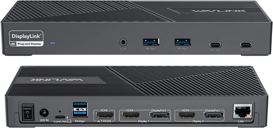 WAVLINK 15-in-1 DisplayLink Docking Station USB-C, Triple 4K monitoren (3X HDMI + 2x DP), 100W PD, 10 Gbit/s, Gigabit LAN, Audio/Mic, voor Windows & Mac (incl. M1/M2)