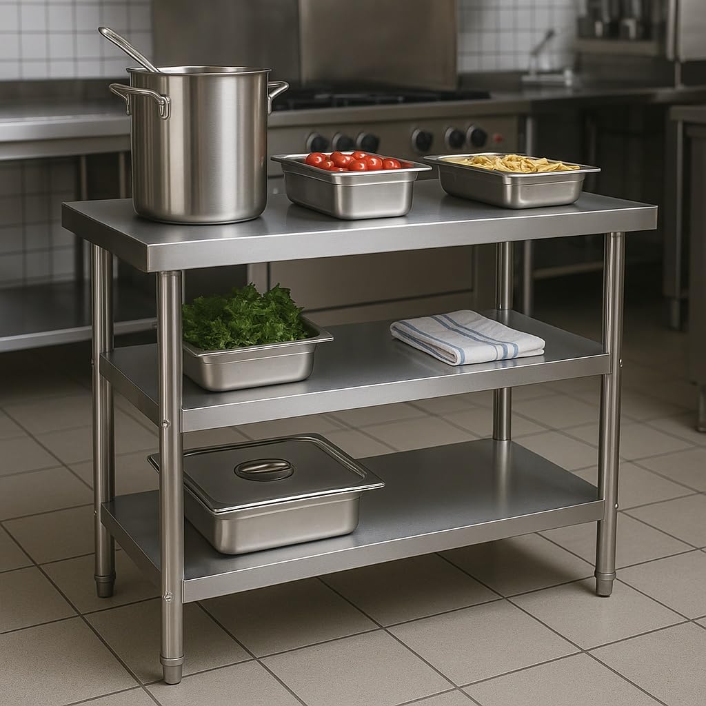 Wiltec roestvrijstalen werktafel 120x60x85 cm, horeca keukentafel 120 kg met 2 planken, gastronomie keukenwerktafel met opslagplanken, rvs restaurant bereidingstafel tafelblad