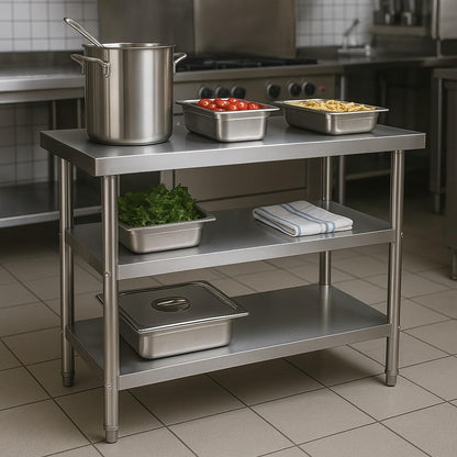 Wiltec roestvrijstalen werktafel 120x60x85 cm, horeca keukentafel 120 kg met 2 planken, gastronomie keukenwerktafel met opslagplanken, rvs restaurant bereidingstafel tafelblad