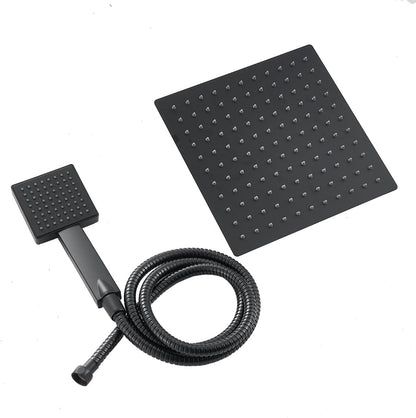 Douchesysteem met thermostaat Zwart, regendouche, Vierkante douchekop 25x25cm, doucheset, douche incl. ABS handdouche, roestvrij stalen douchestang