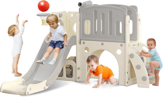 Kinderglijbaan met klimladder, basketbalkorf en tunnel, kunststof glijbaan voor binnen voor kinderen, Montessori-spelletjes voor speelplaats, grijs