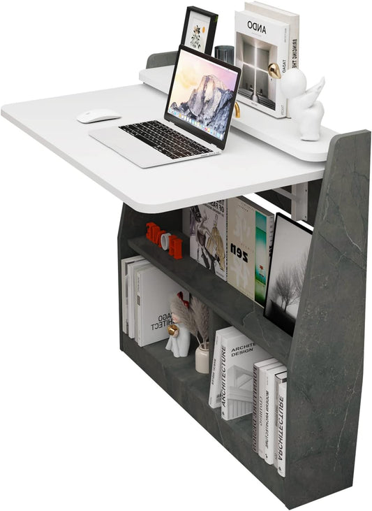 Wall Table Desk Table, Computer Table, Desk Table, PC Table Gaming, Wooden Table, Wall Folding Table with Rounded Corners Folding Table Dining Table Desk Table Kids Desk for Home Office (Grey White) - QUORE
