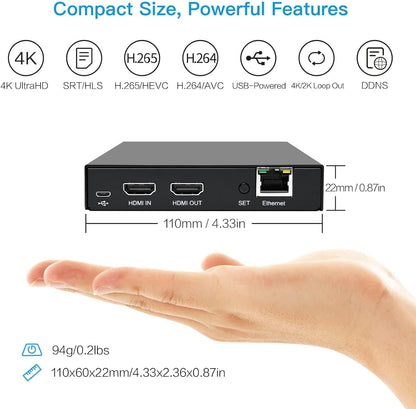 DDMALL HDMI-video-encoder voor livestream, H.264 H.265, realtime 4K 60Hz lokale loopout, ondersteunt SRT HLS RTSP RTMP RTMPS UDP/TCP, HDMI-video-encoder voor YouTube, Twitch (HEV-10)