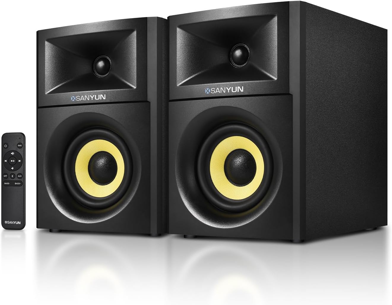 Actieve Boekenplankluidsprekers – 2.0 Speakers, Near-Field Monitoren, Boekenplankspeakers, Actieve Luidsprekers – Zwarte Houten Behuizing – 4 Inch Glasvezelwoofer – Bluetooth 5.4, AUX & Optisch