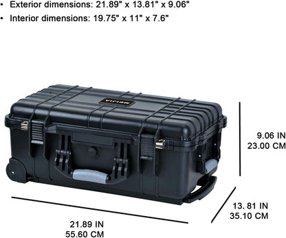 MEIJIA All Weathe waterdichte harde hoes met intrekbare trekgreep en rollende wielen, aanpasbare pasvorm schuim ingevoegd, geschikt voor camera, drones, apparatuur, elegant zwart, Zwart, 22"X13.81"X9