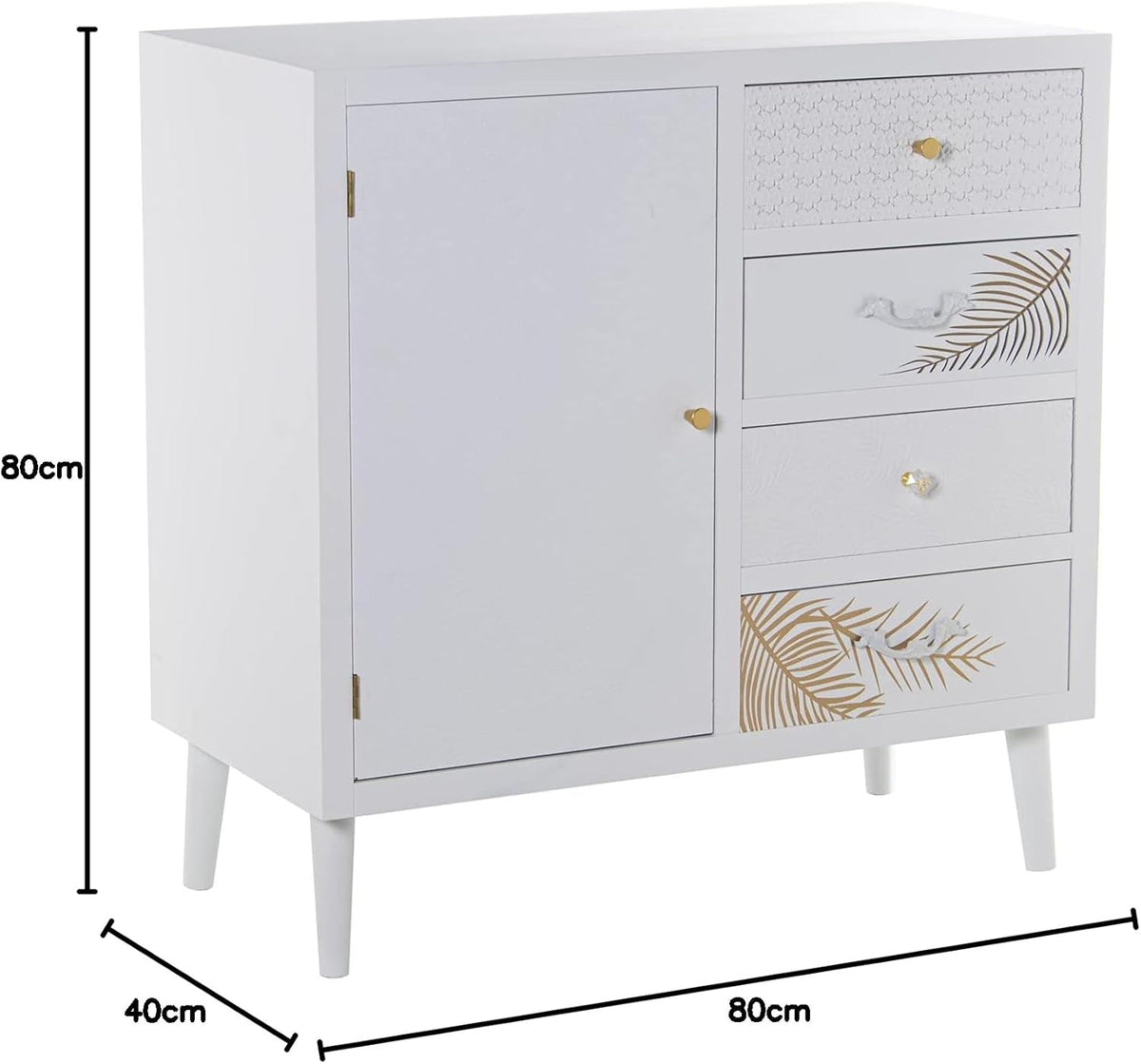 DRW Dressoir met 1 deur en 4 laden van hout met reliëf lemmet in wit en goud 80 x 40 x 80 cm