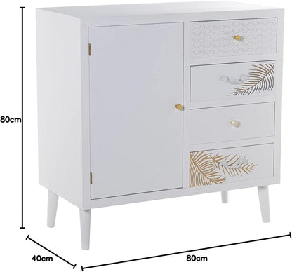DRW Dressoir met 1 deur en 4 laden van hout met reliëf lemmet in wit en goud 80 x 40 x 80 cm