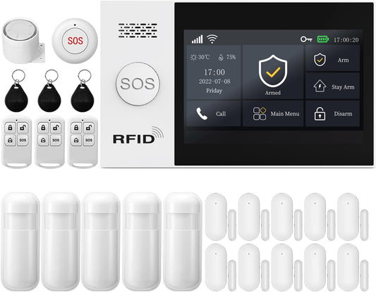 XNY Volledig touchscreen, draadloos alarmsysteem, huisalarminstallatie, complete set, GSM WLAN-alarminstallatie, woning met app-alarm, 24-delige kit (raam-deursensoren, bewegingsmelder,