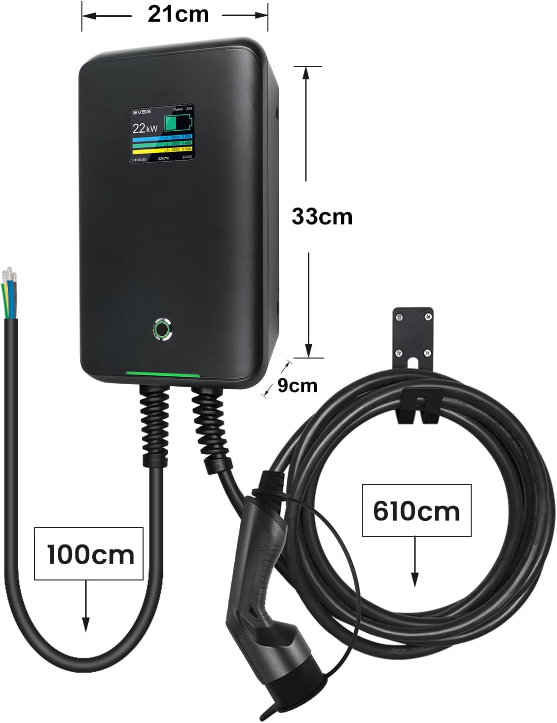 Wandlaadstation 22 kW voor elektrische voertuigen, 32 A driefasig laadstation met 6,1 m type 2 oplaadkabel voor elektrische voertuigen die voldoen aan IEC 62196-2